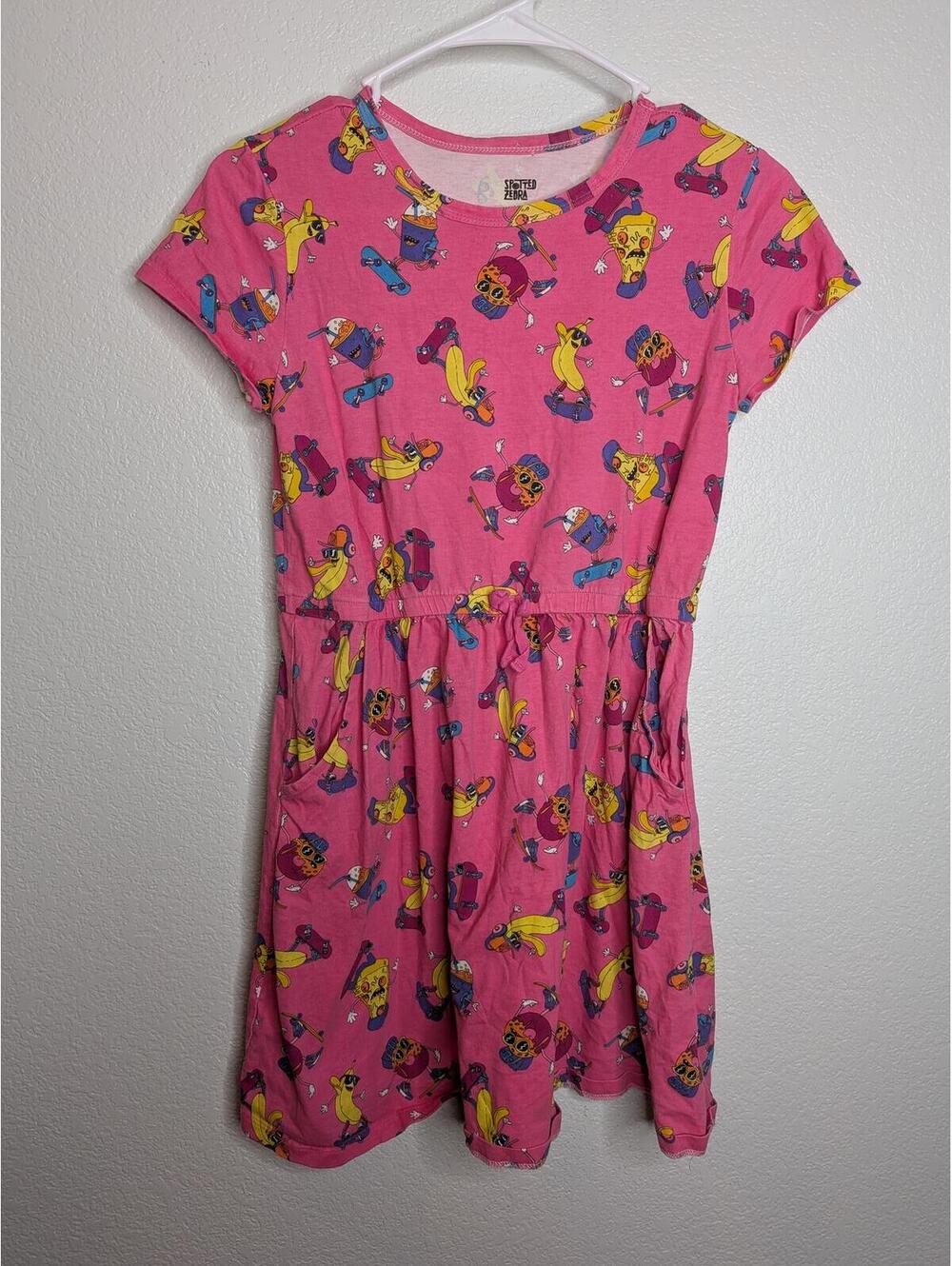 Spotted Zebra Pink Cartoon donut & banana skateboarding dress size large